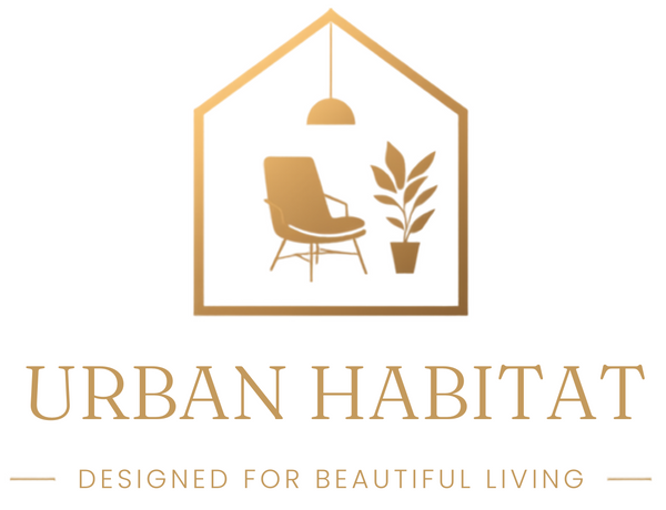 A minimalist gold logo for 'URBAN HABITAT' featuring a house outline with a chair, pendant light, and plant icon, above the text 'URBAN HABITAT' and 'DESIGNED FOR BEAUTIFUL LIVING' on a white background.