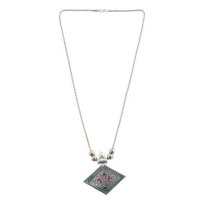 Beaded chain of oxidised silver pendant necklace complementing elegant ethnic style
