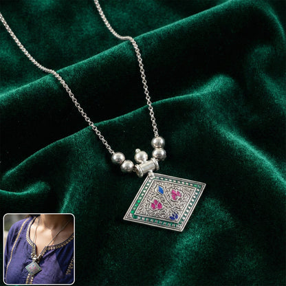 Traditional square motif oxidised silver pendant necklace with floral detailing