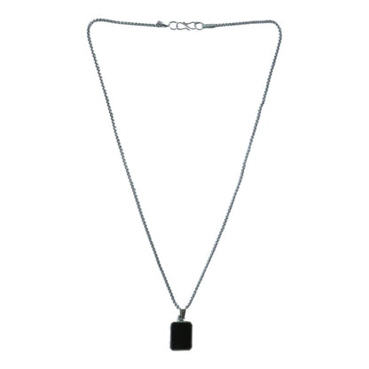 Close-up of men's stainless-steel box chain design on pendant necklace