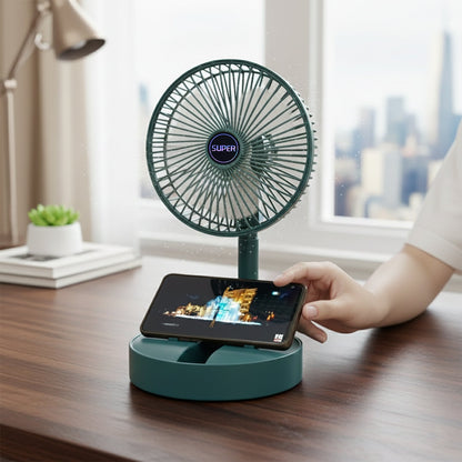 Side view of USB adjustable speed folding fan with phone holder
