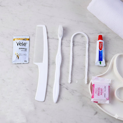 Packaging of the hotel guest toiletry combo kit for travel