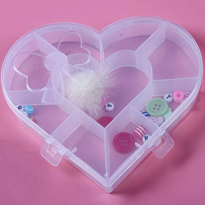 Side view of heart-shaped plastic storage organizer box with snap-lock handle
