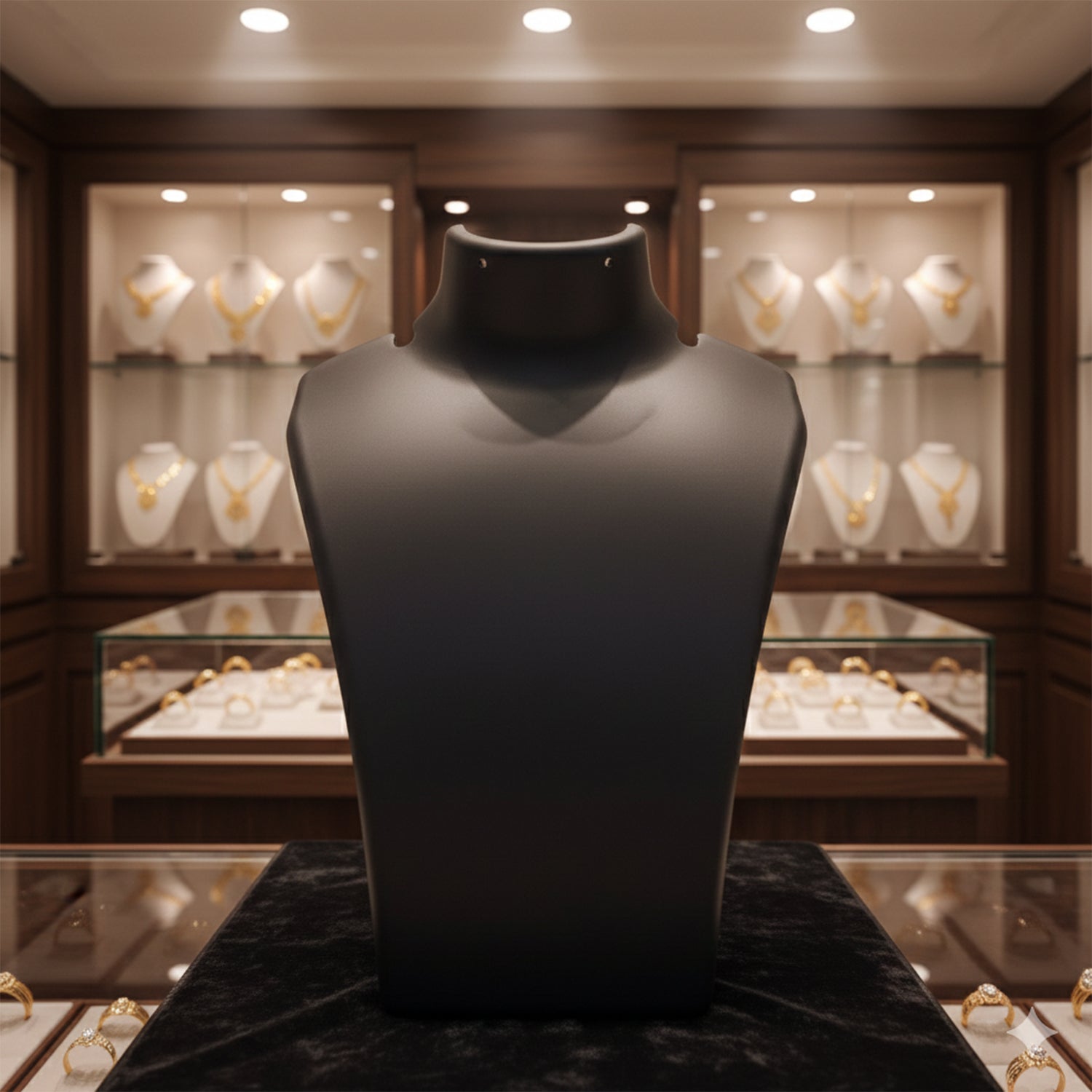 Front view of black mannequin bust necklace display stand highlighting necklaces in India