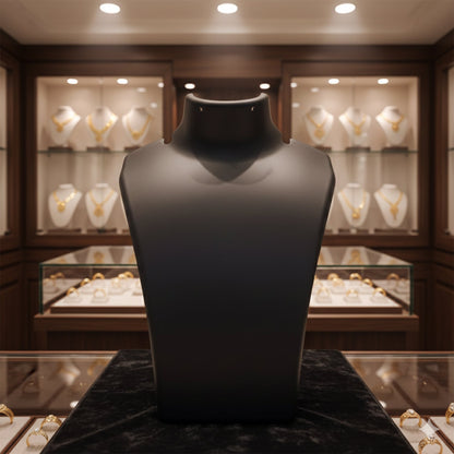 Front view of black mannequin bust necklace display stand highlighting necklaces in India