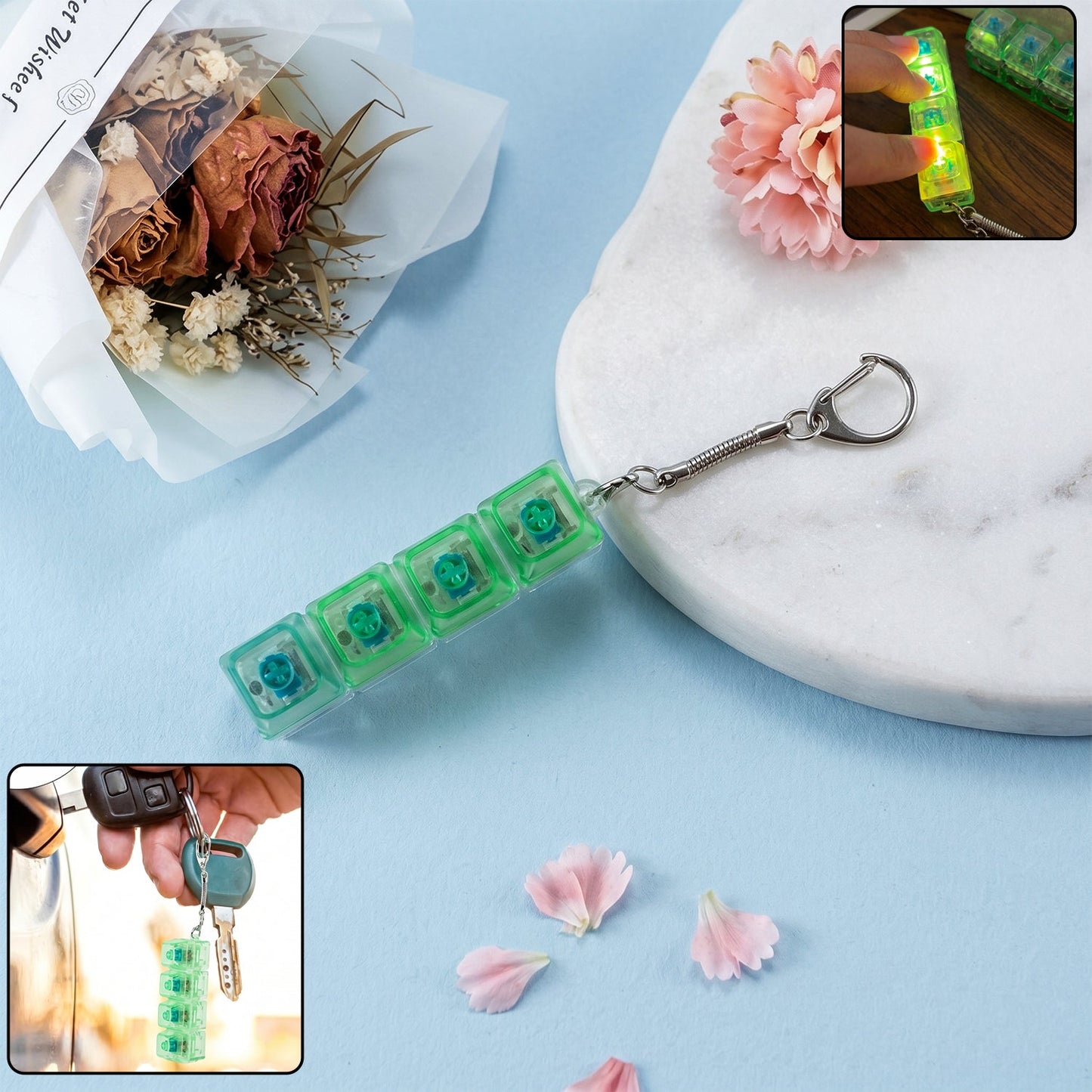 Mechanical keyboard switch keychain with tactile click and LED light