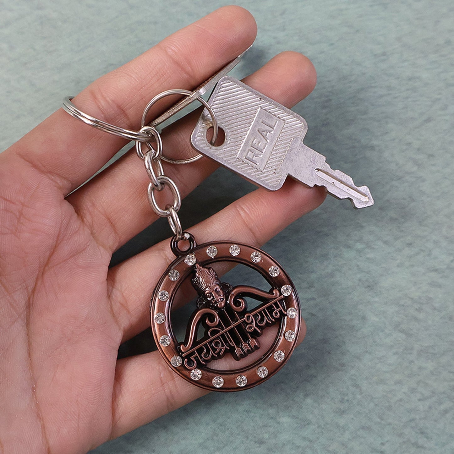 Decorative metal Jai Shree Shyam keychain for bike and car keys