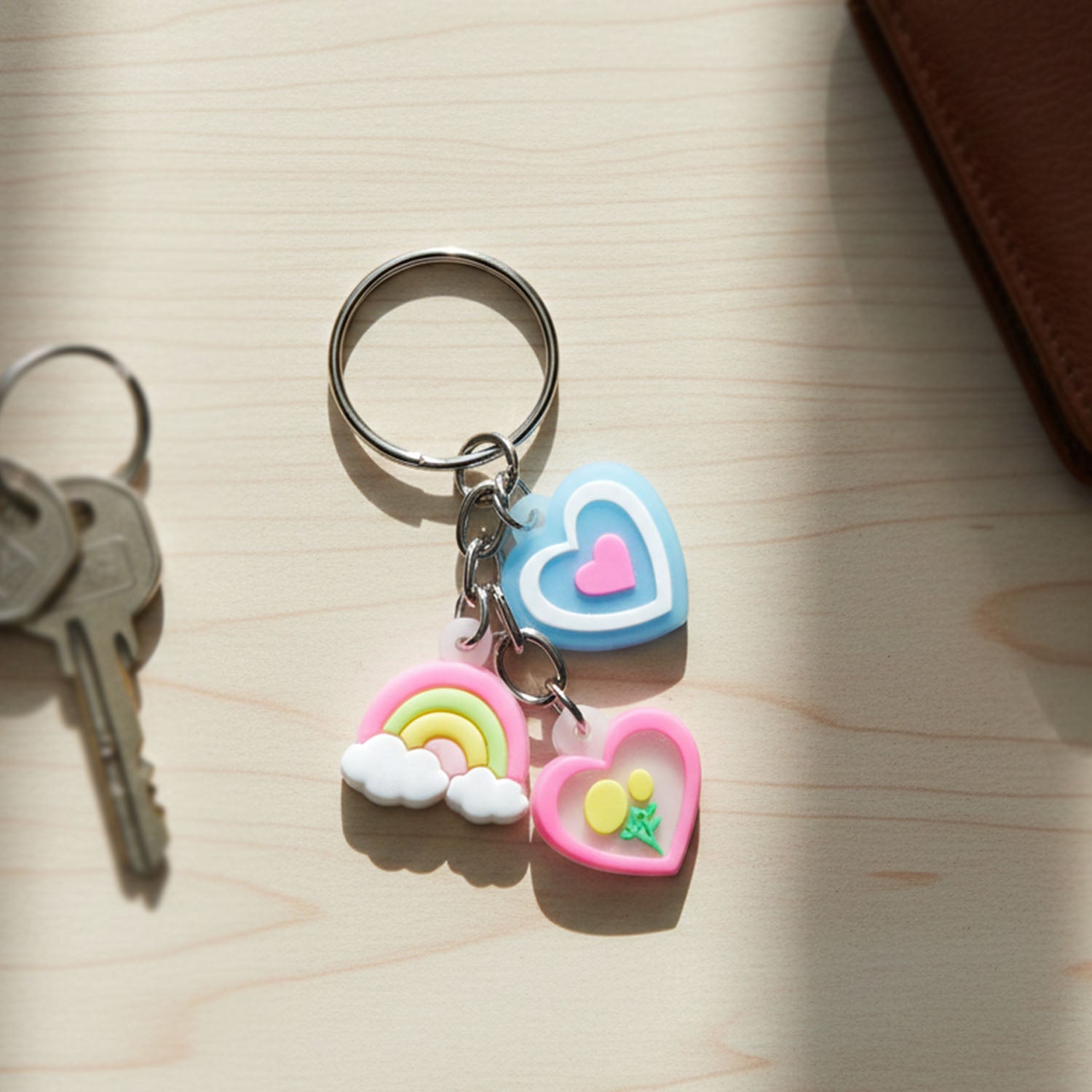 Heart and rainbow charm keychain with multiple colorful hanging charms