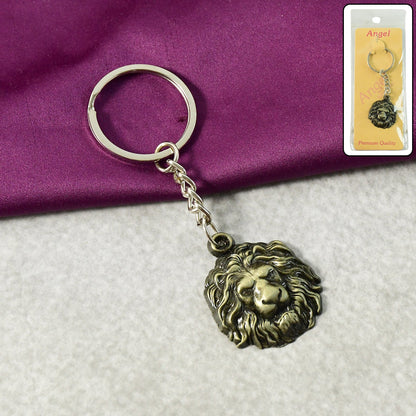 Front view of lion head metal keychain showcasing intricate design