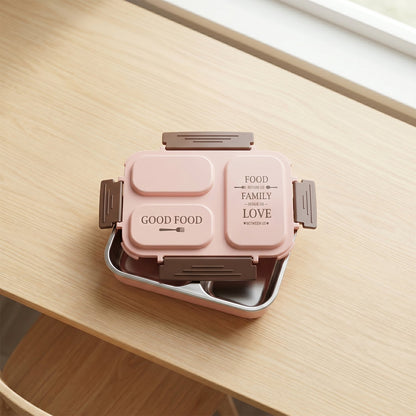 Top view of leak-proof stainless steel lunch box with three compartments