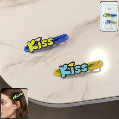 Kiss Text Hair Clip set featuring cute cartoon lettering on snap clips