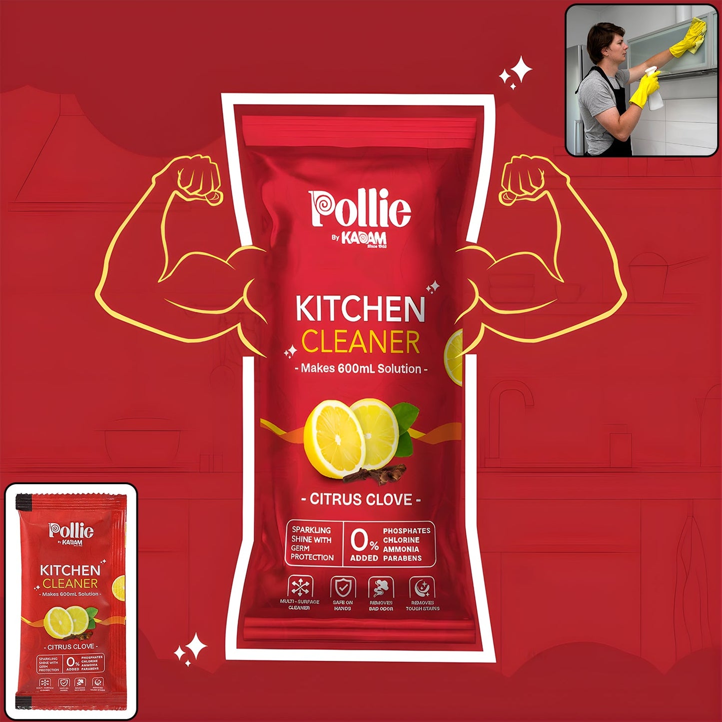 Pollic Kadam Kitchen Surface Cleaner sachet packaging in citrus clove formula