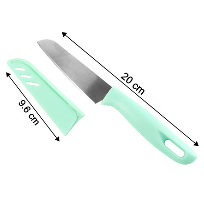 Side view of kitchen knife illustrating stainless steel blade and handle design