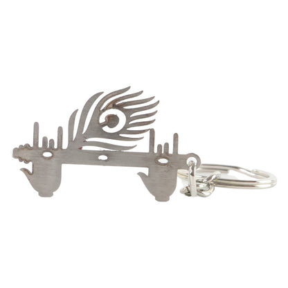 Durable metal Krishna Flute Keychain with auspicious peacock feather.