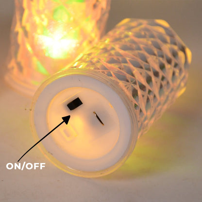 Close-up of LED candle lights showing crystal diamond-cut body design