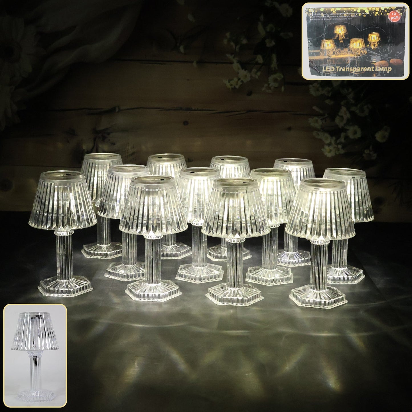 Crystal style LED table lamp with warm yellow glow on a table
