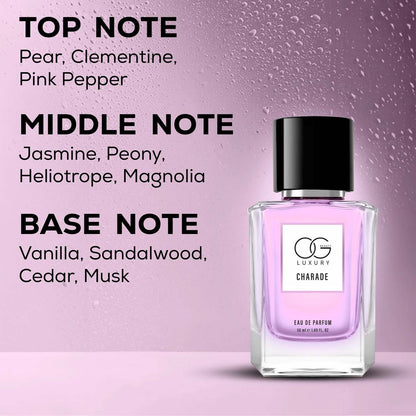 Charade Eau De Parfum amber glass bottle displayed on reflective surface