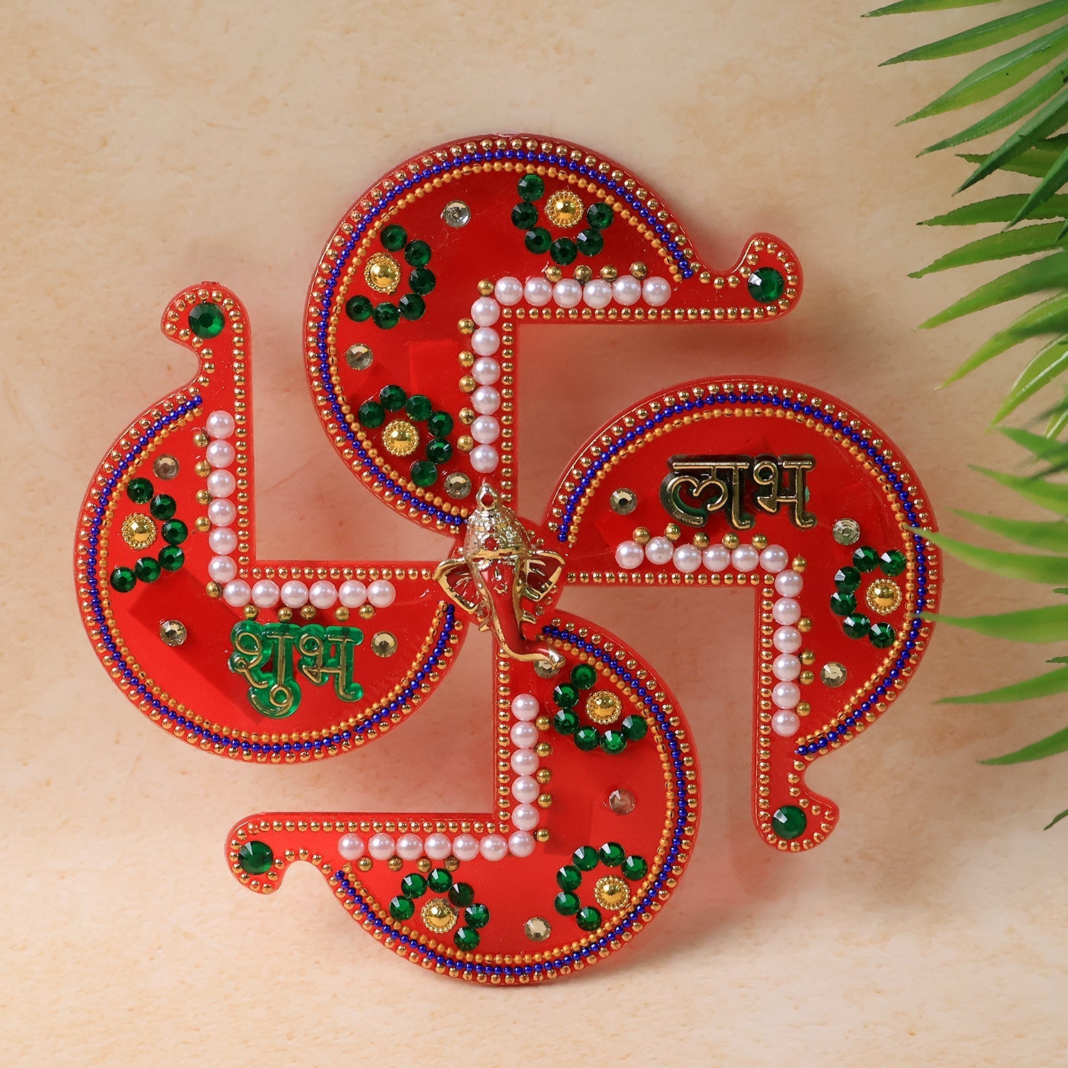 Vibrant Acrylic Swastik Shubh Labh Wall Hanging with pearl and stone decorations