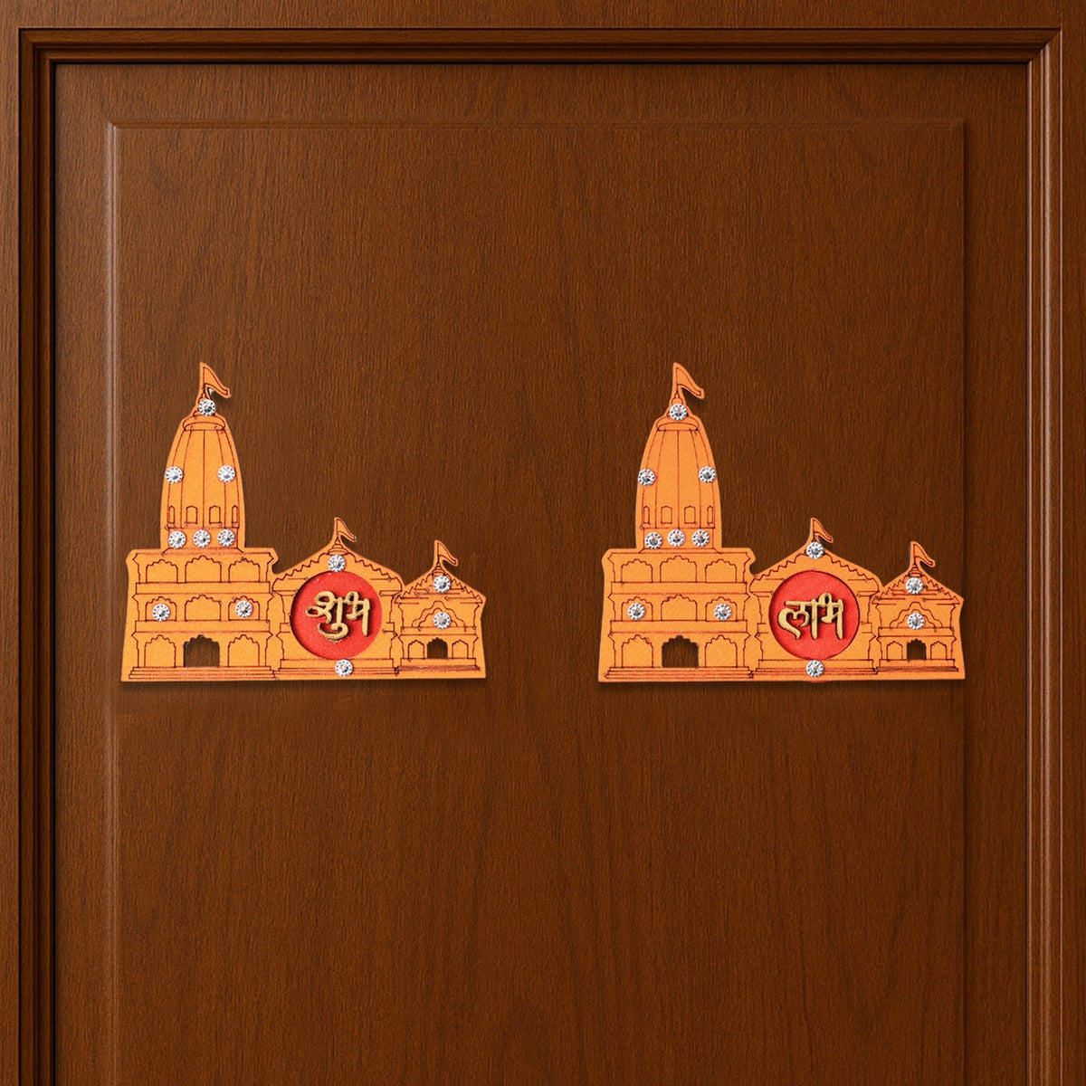 Bright and intricate Shubh Labh temple wall sticker with stone embellishments for Indian festivals.