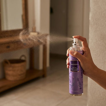 Close-up of lavender air freshener spray bottle for rooms and cars