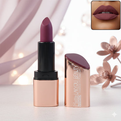 Vivid Matte Lipstick showing bold mix-color in elegant rose-gold metallic case