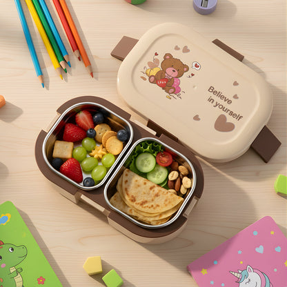 Kids lunch box with motivational "Believe in Yourself" teddy lid design