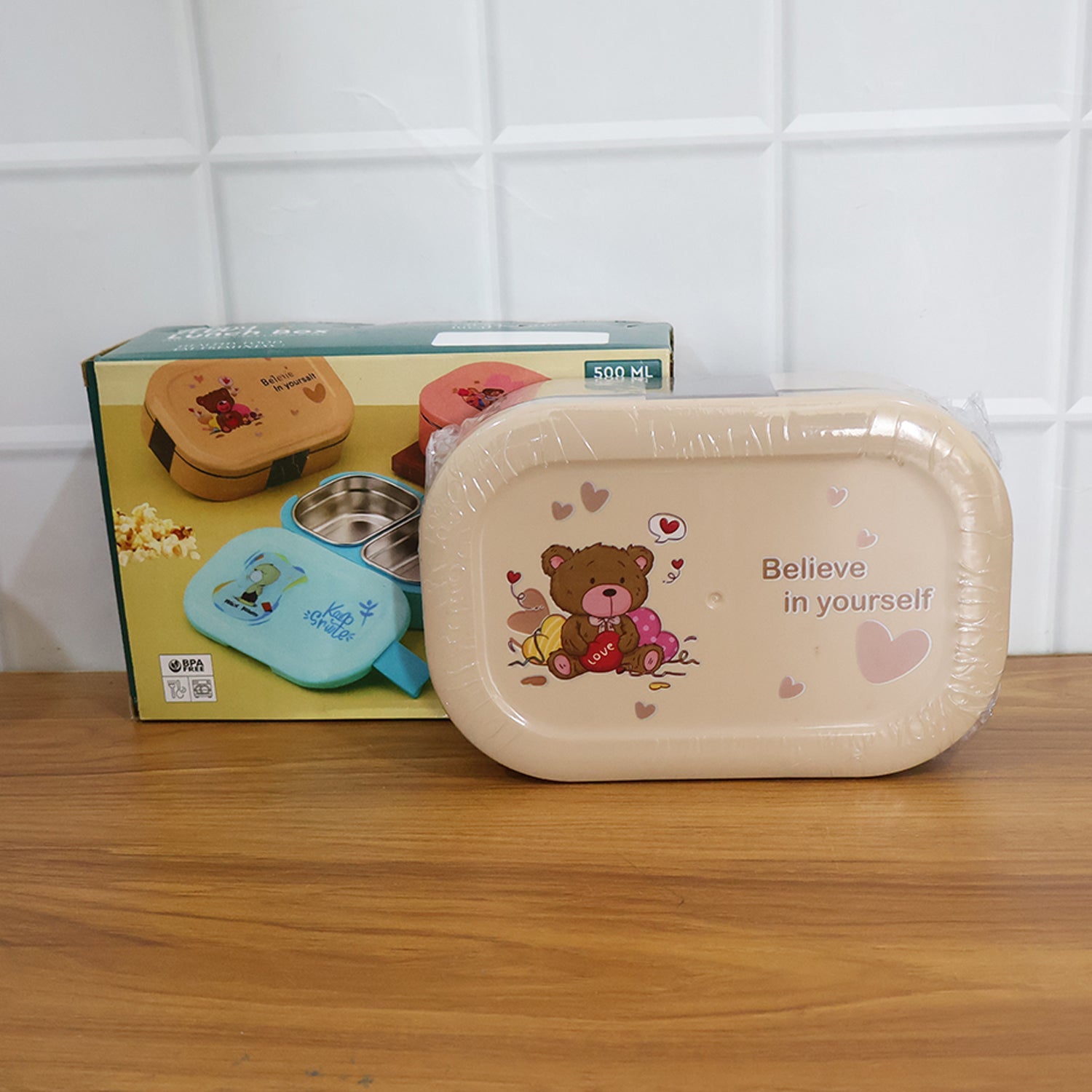 Top view of cute teddy printed lunch box for kids