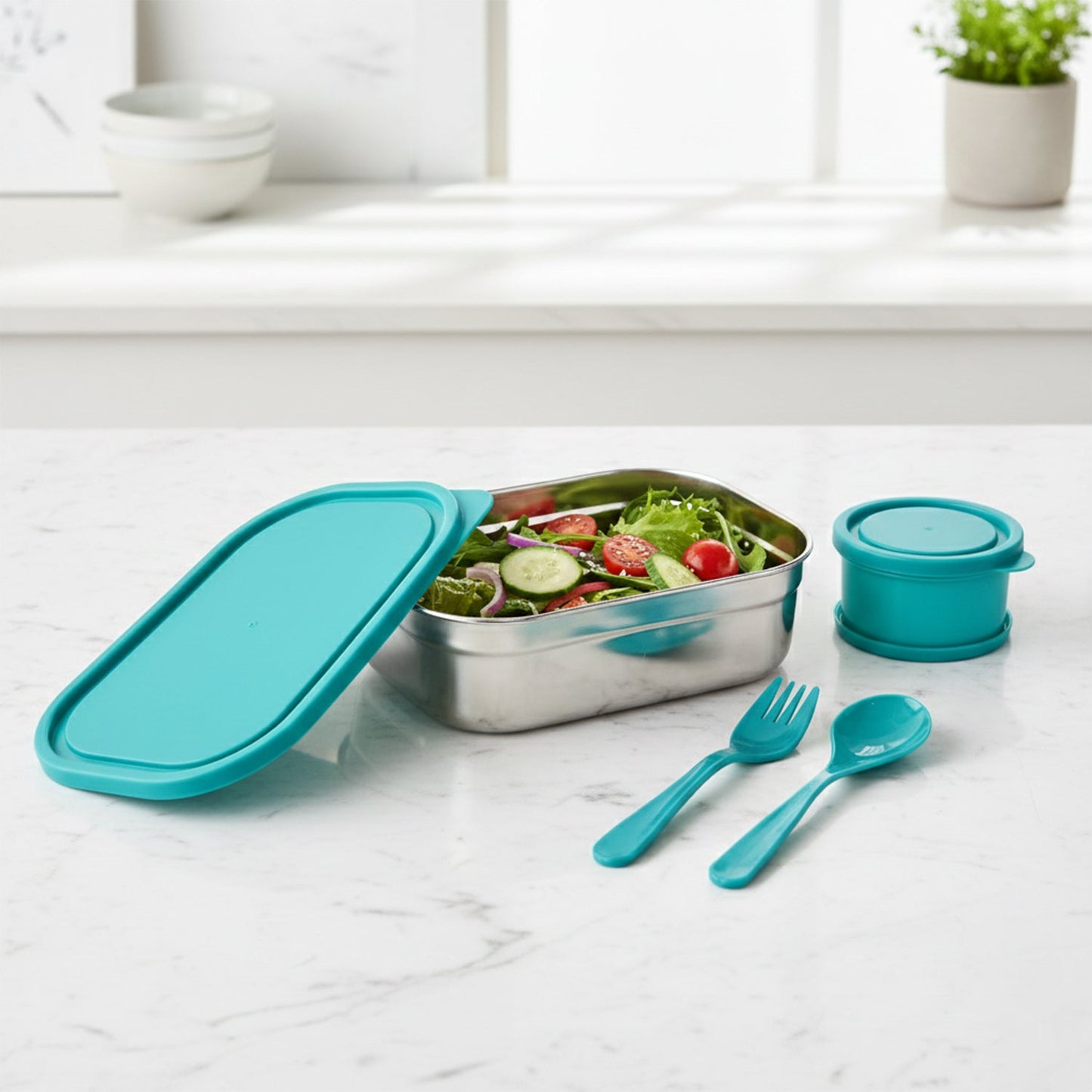 Lunch box set showing spacious main container and round snack compartment with secure lid