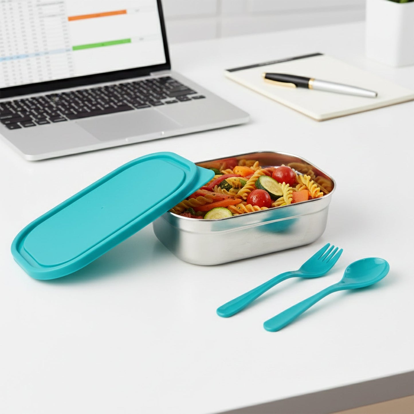 Closed stainless steel lunch box ideal for travel and office use