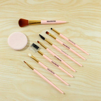 Complete range of makeup brushes arranged for a full beauty routine