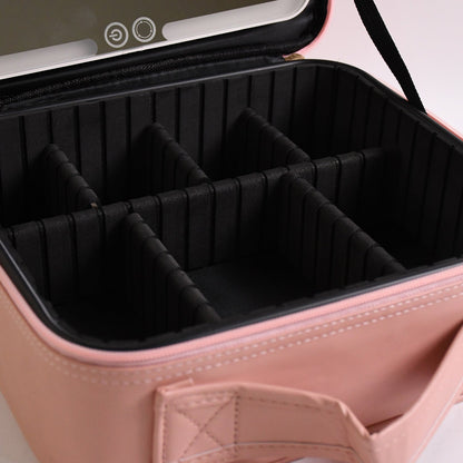 Compact and portable pink makeup organizer with LED mirror