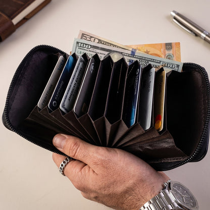 Man carrying zip-around card holder wallet comfortably in pocket