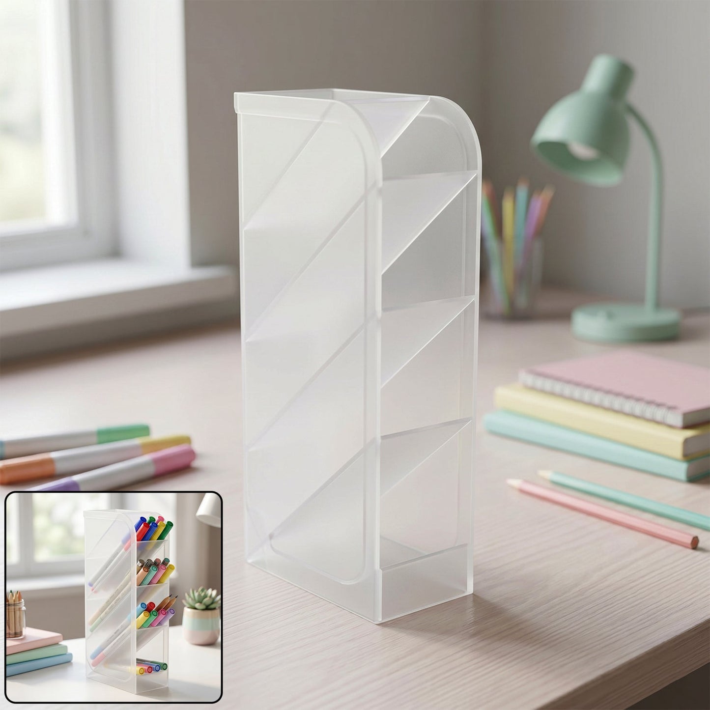 Plastic organizer showing multiple slots for office supplies