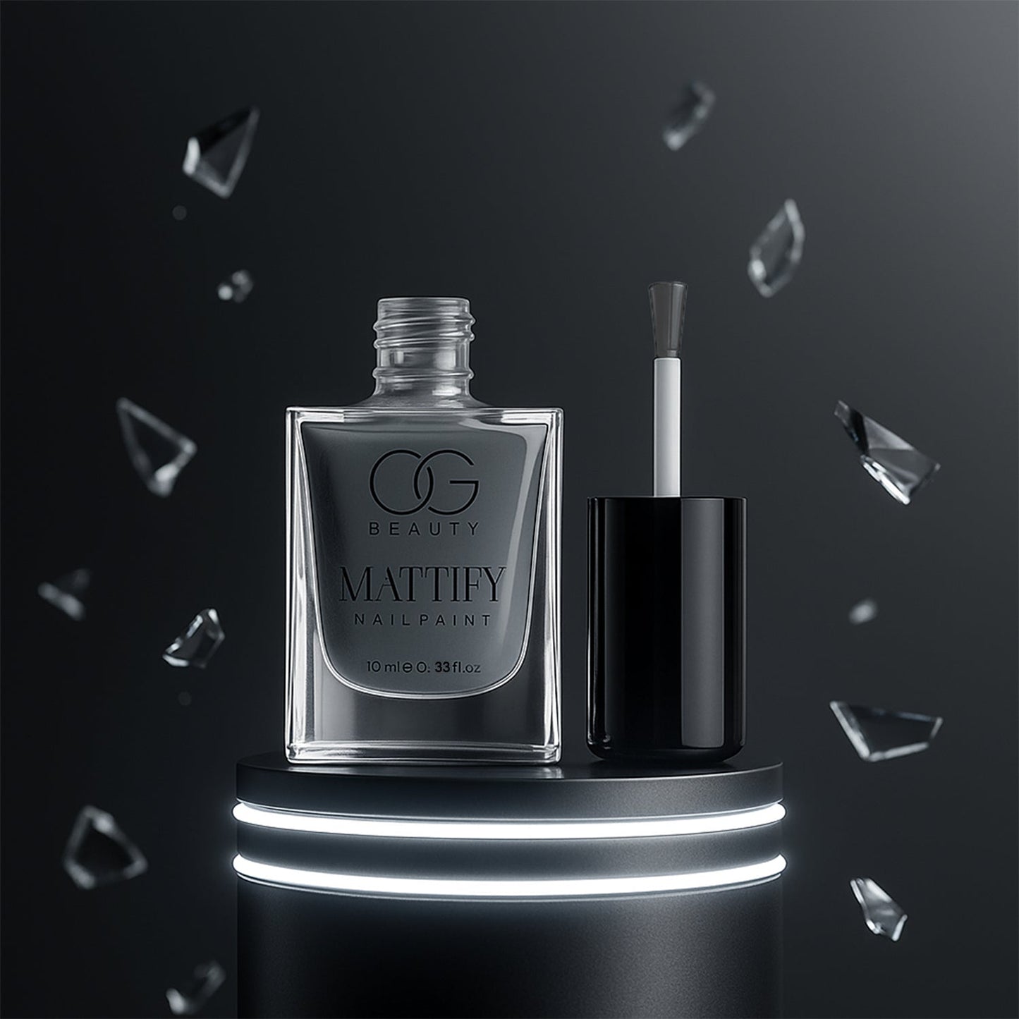OG Beauty Calm Grey Mattify Nail Paint bottle on a minimalist background.