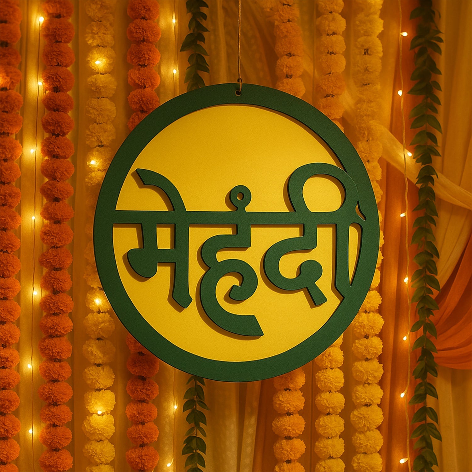 Indoors mehndi ceremony round decorative sign with typical Hindi मेहंदी lettering