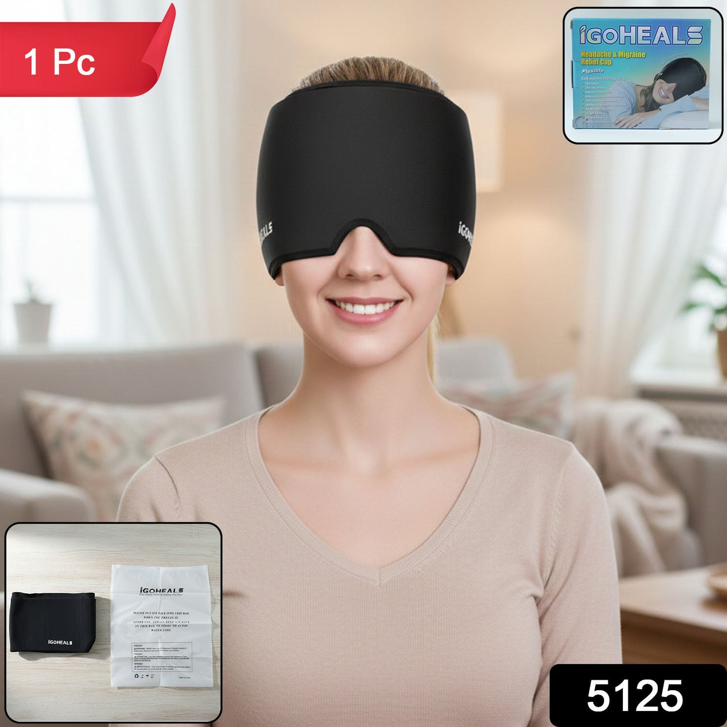 Gel eye mask component of the hot & cold therapy headache relief cap