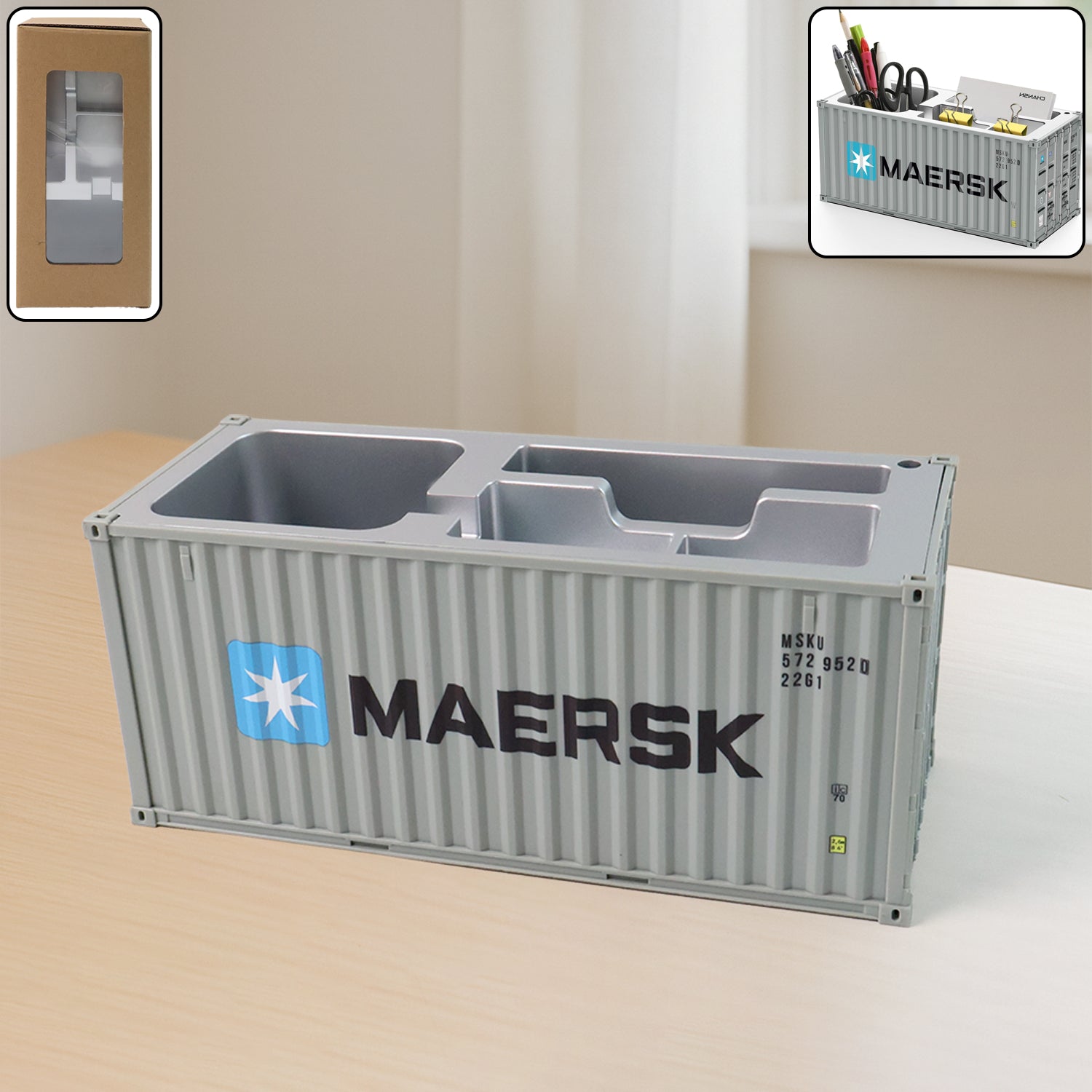 Container-style desk organizer with multiple compartments storing pens and stationery