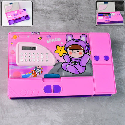 Space theme pencil box with built-in calculator, vibrant astronaut design