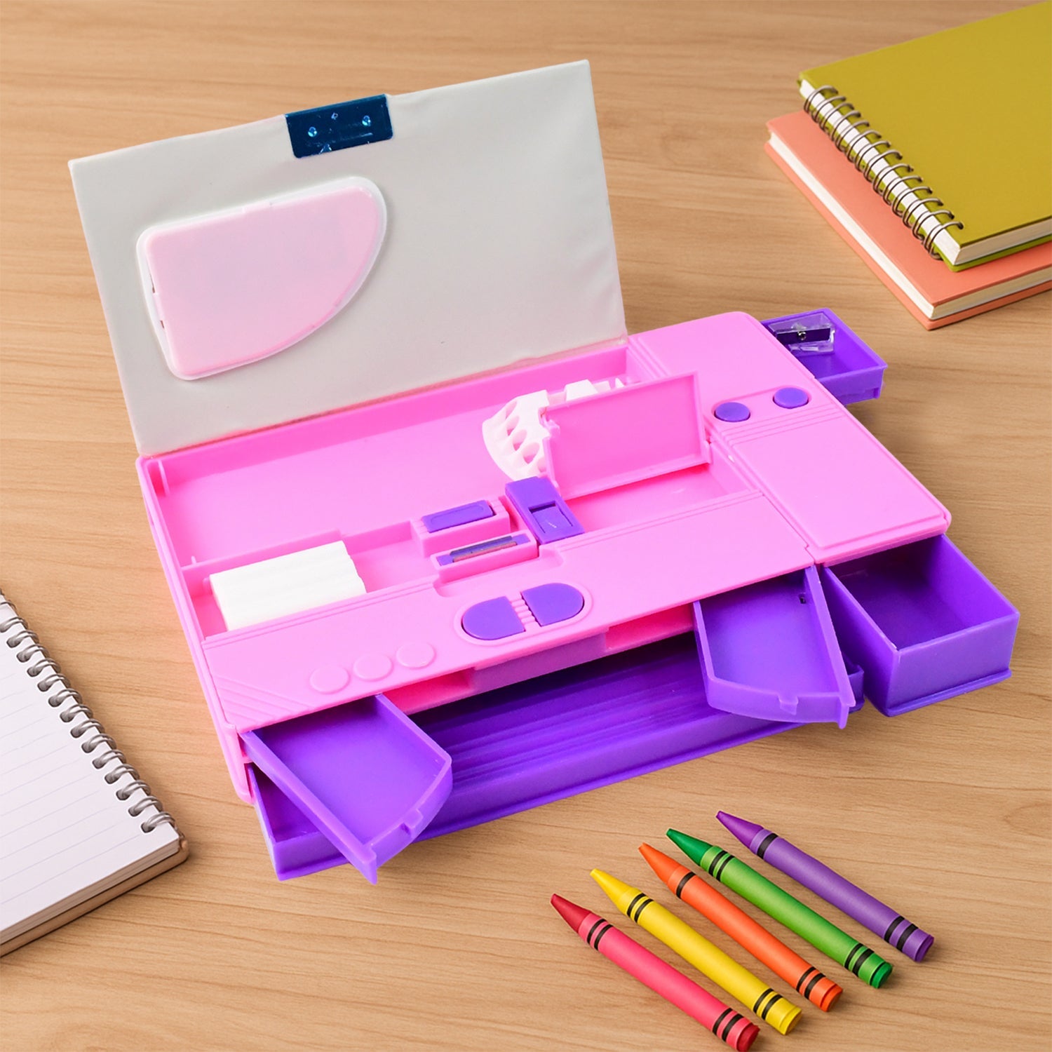 Multi-functional pencil box with dual compartments and calculator