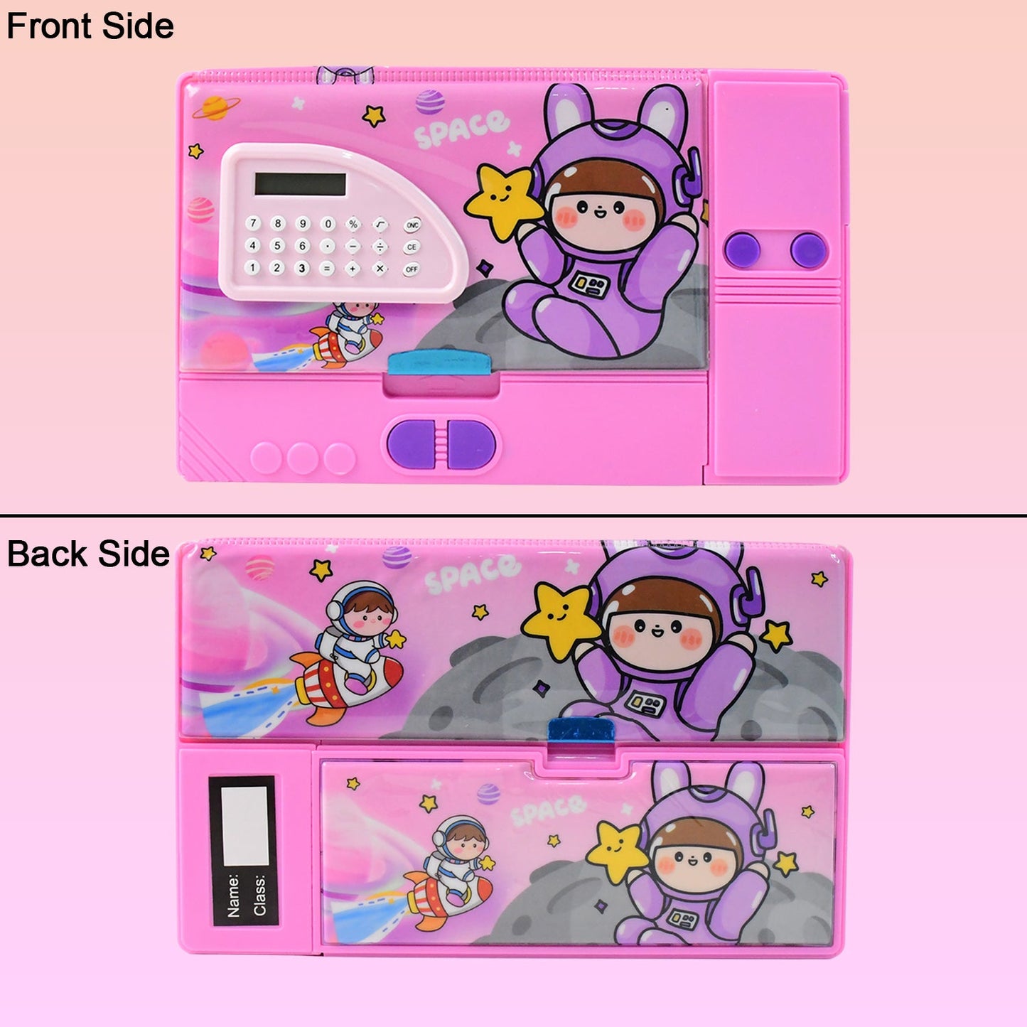 Magazine style pencil box with space print and calculator