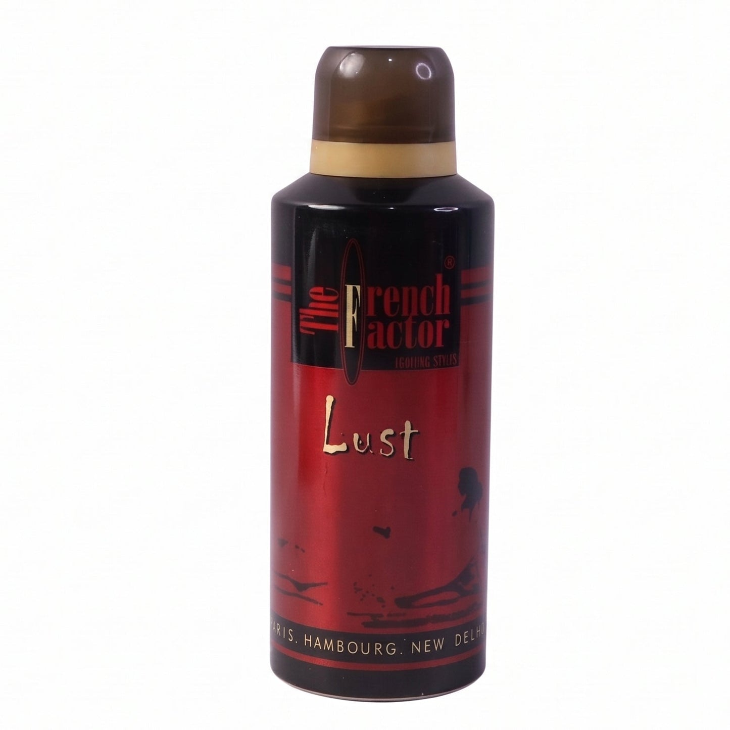 Packaged French Factor Lust Red deodorant spray on a grooming shelf with branding