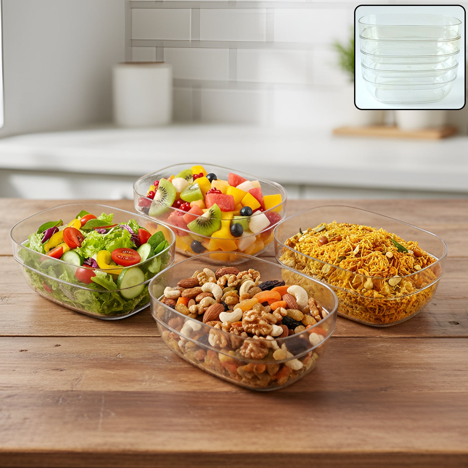 Stacked clear serving bowls in a durable multipurpose bowl set