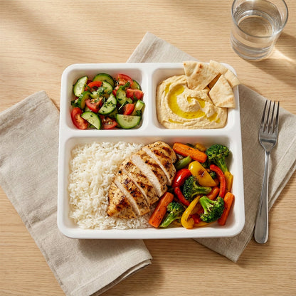 Top view of white plastic 3-compartment plate for balanced portions