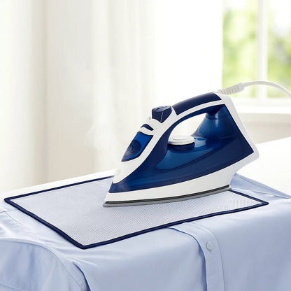 Hand holding transparent heat-resistant ironing mesh press cloth