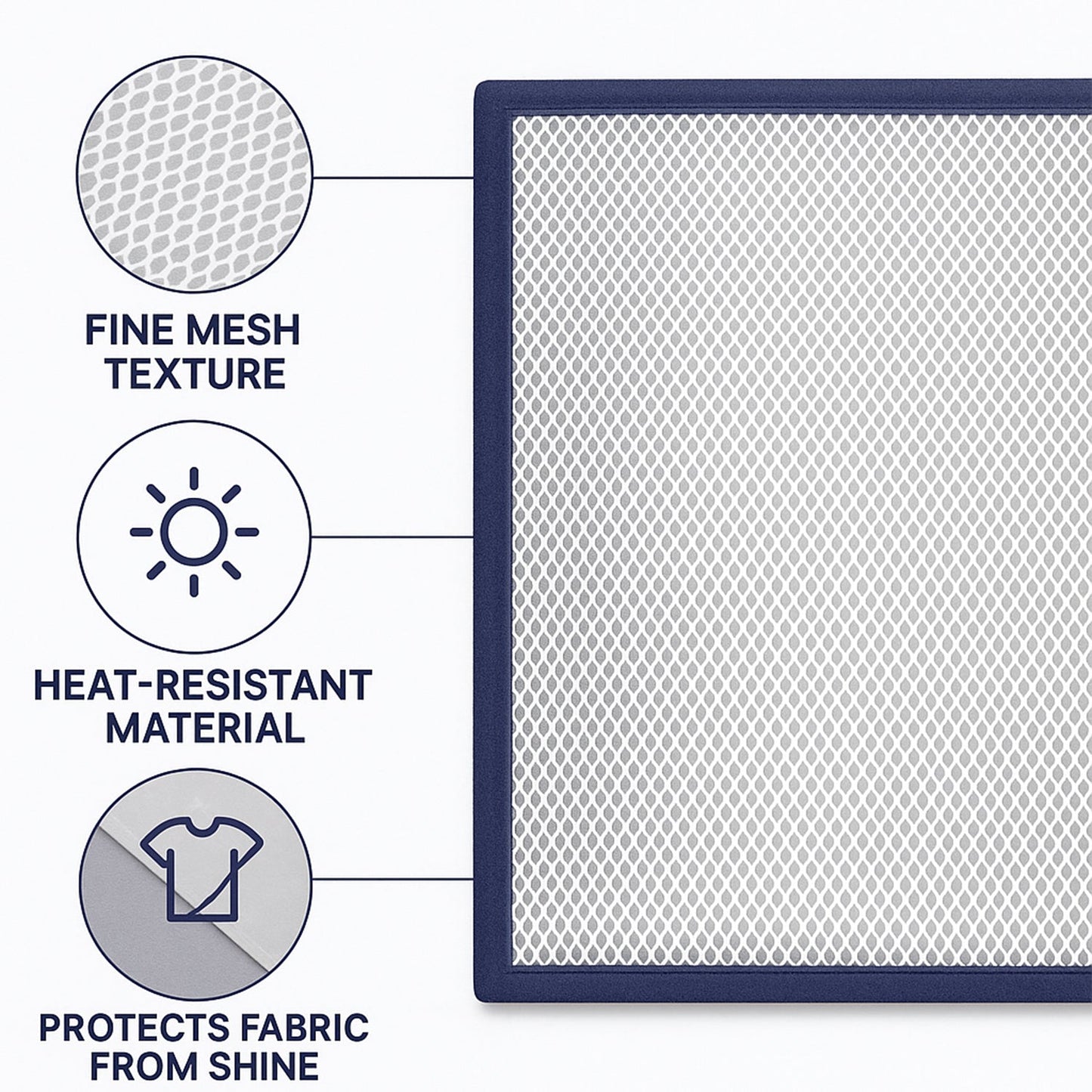Ironing mesh press cloth protecting dark shirt fabric from iron shine