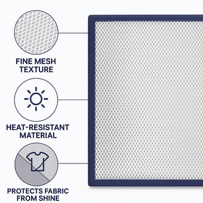 Ironing mesh press cloth protecting dark shirt fabric from iron shine