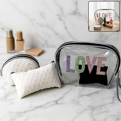 3-in-1 makeup bag set featuring transparent pouch with glitter LOVE design