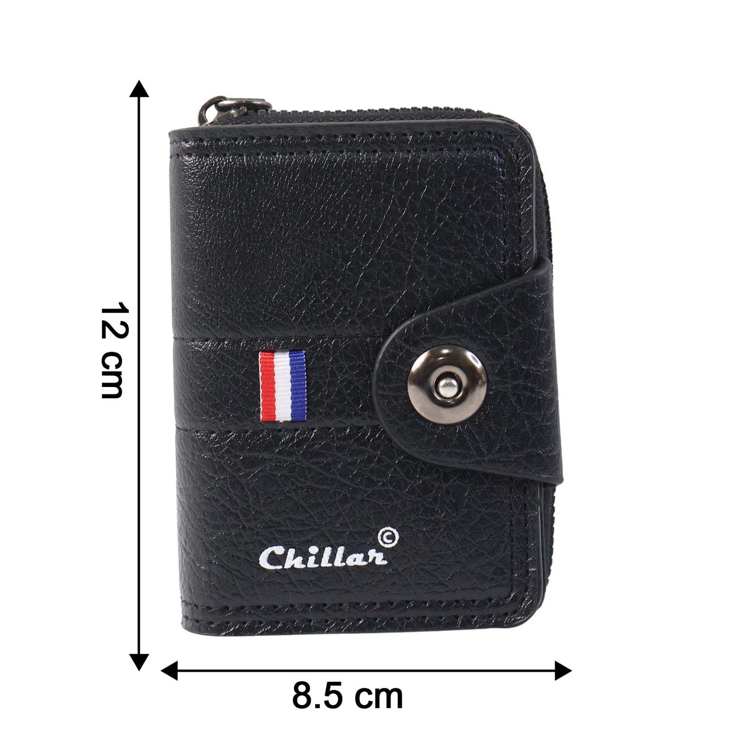 Size reference display for black zip-around card holder wallet