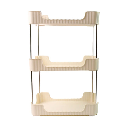 Compact plastic tier shelf with metal rods for corner storage