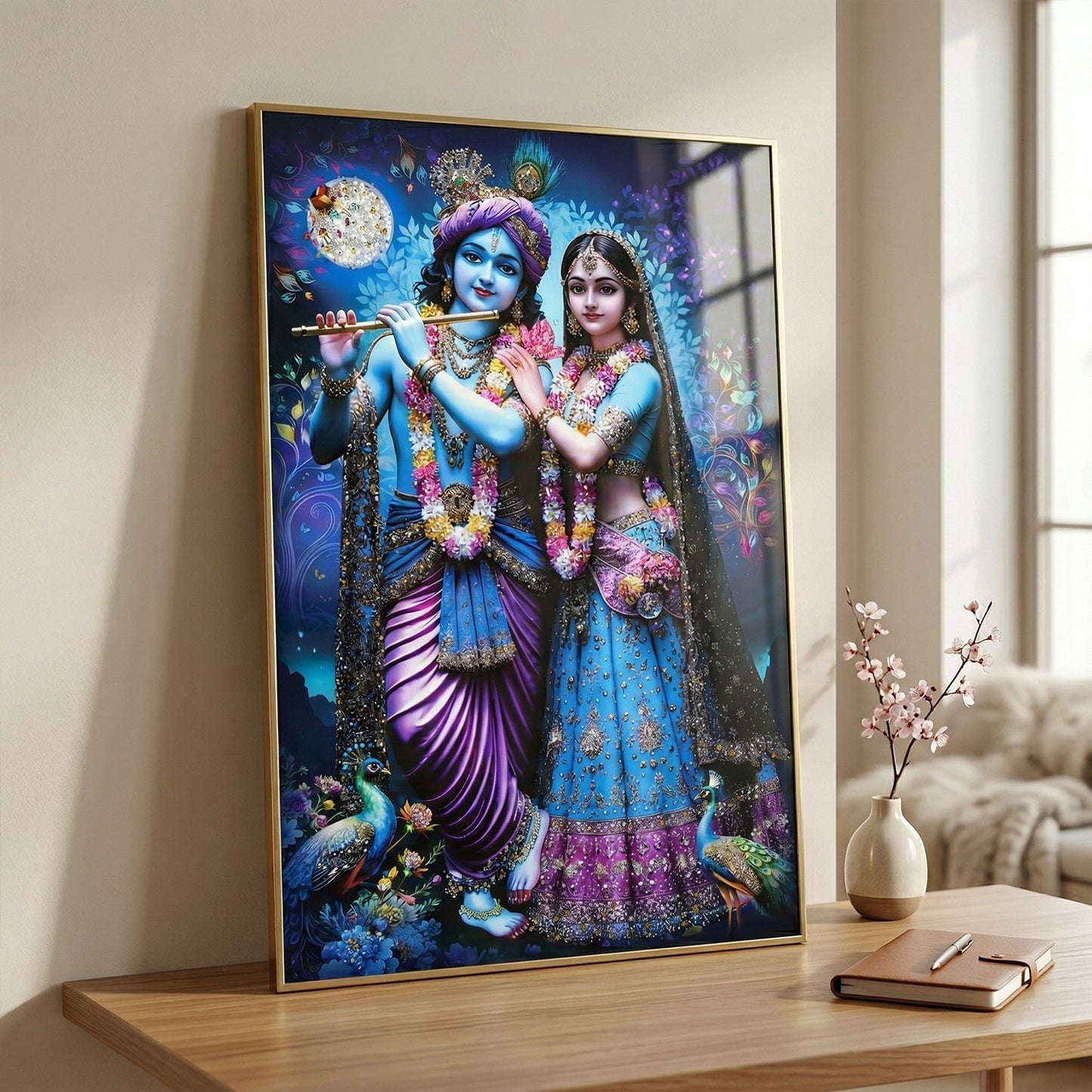 Side view of vibrant Radha Krishna wall decor